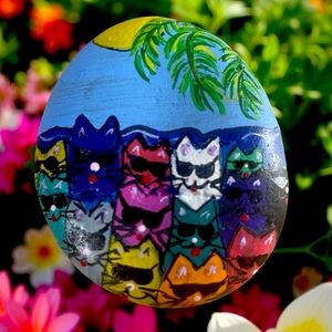 Hand crafted painted rock colorful rainbow sunglasses cats natural stone beach